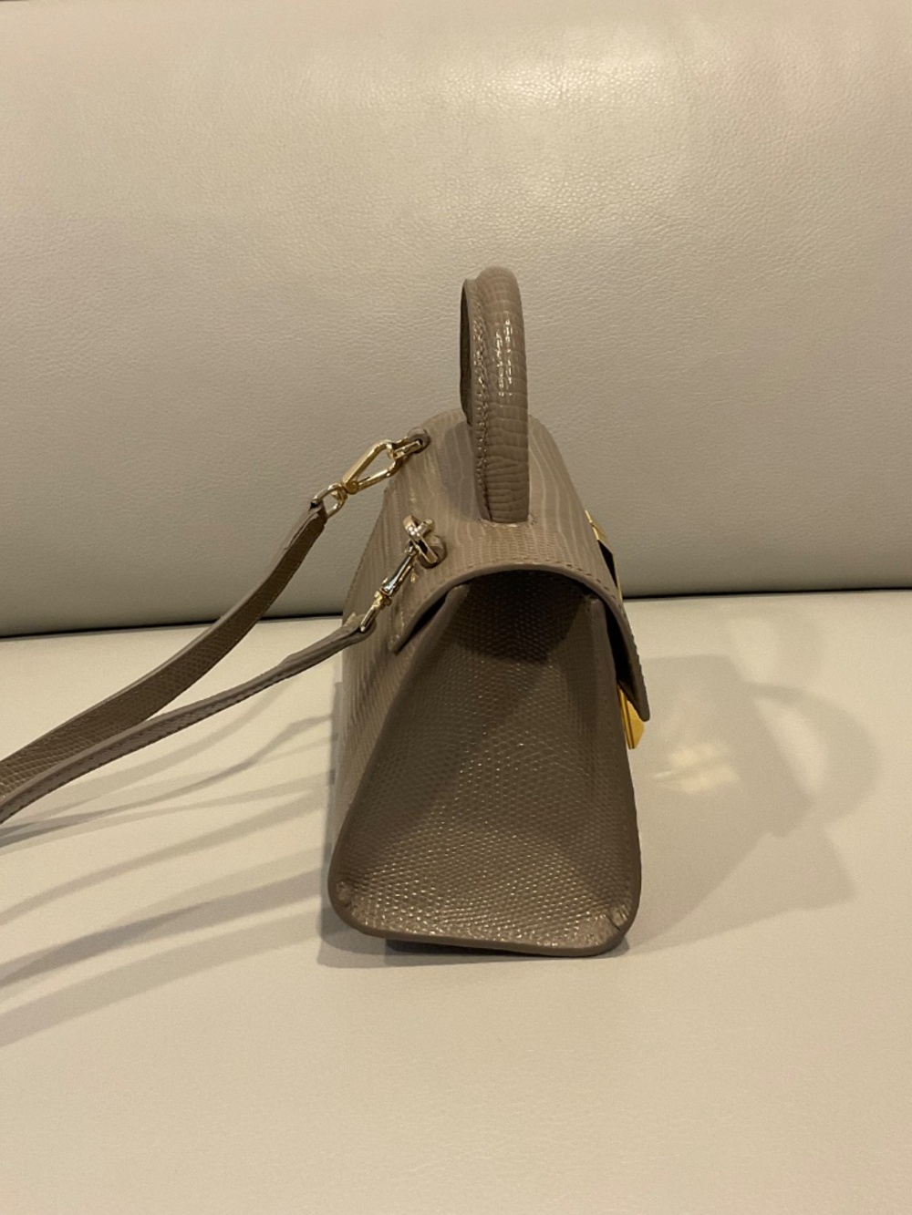 DeMellier Nano Montreal Deep Taupe Lizard Effect Top Handle Crossbody Bag - Picture 4 of 6